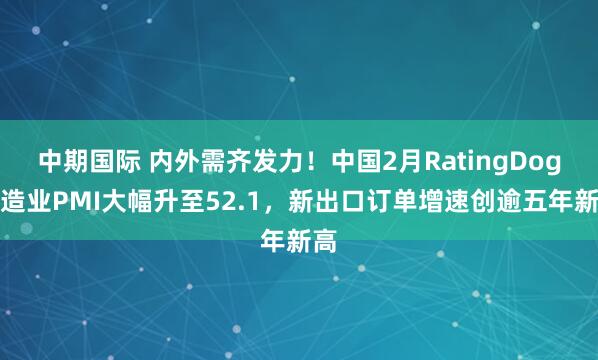 中期国际 内外需齐发力！中国2月RatingDog制造业PMI大幅升至52.1，新出口订单增速创逾五年新高